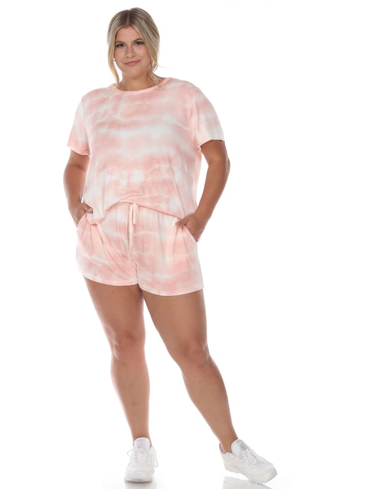 Front of a model wearing a size 1X 2 Piece Top & Shorts Lounge Set in Pink Tie-Dye by White Mark. | dia_product_style_image_id:247912